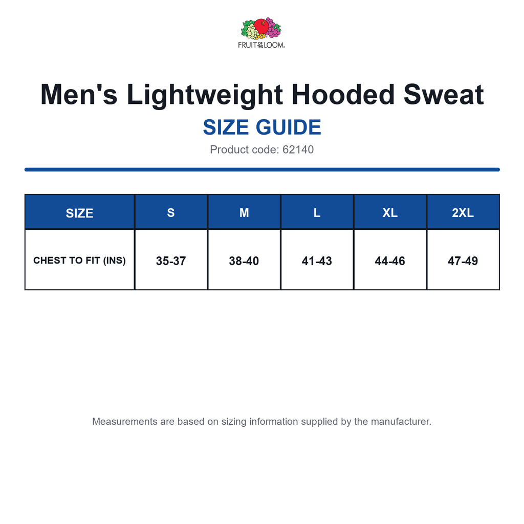 62140 FOTL Men's Lightweight Hooded Sweat size guide (62140)