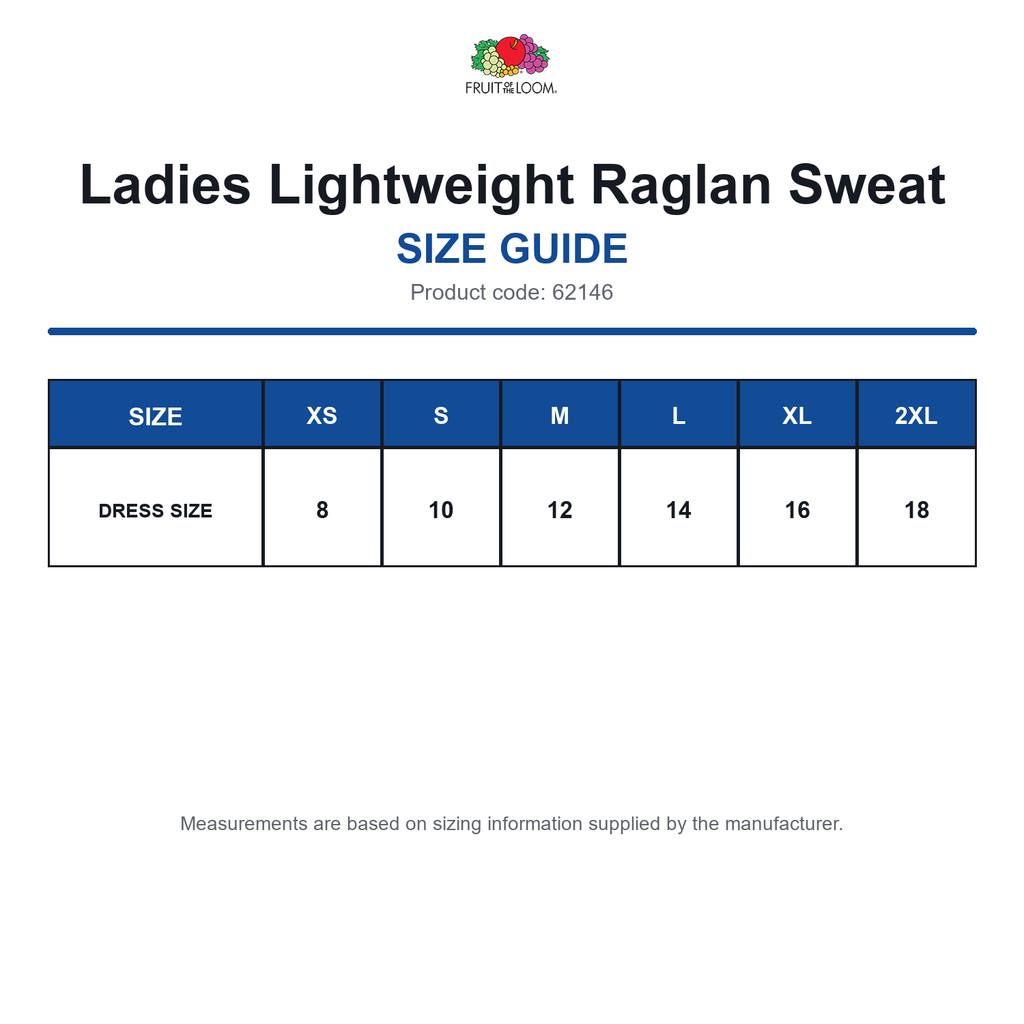 62146 FOTL Ladies Lightweight Raglan Sweat size guide (62146)