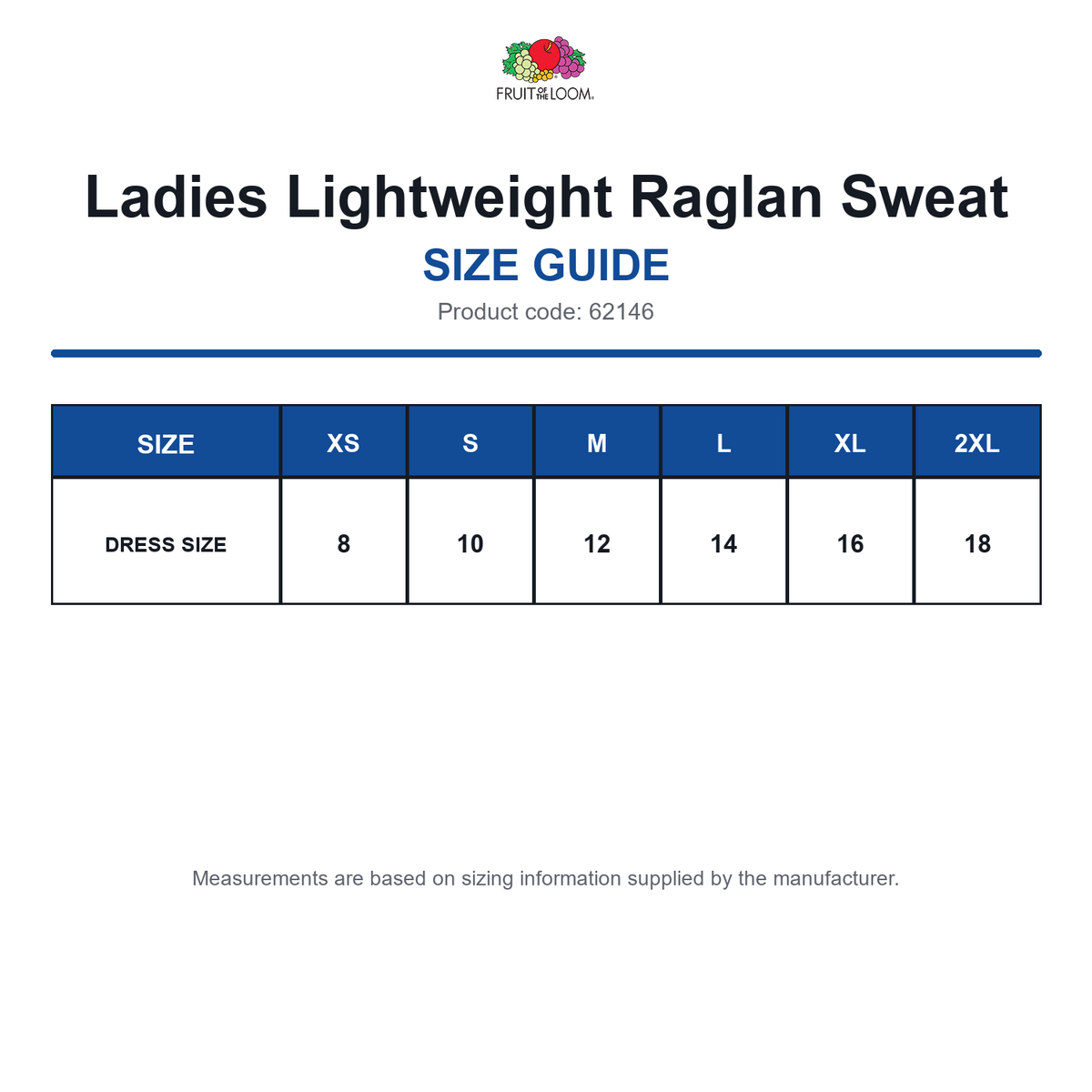 62146 FOTL Ladies Lightweight Raglan Sweat size guide (62146)