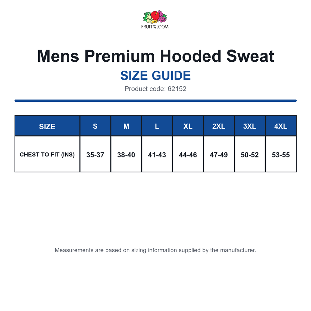 62152 FOTL Mens Premium Hooded Sweat size guide (62152)