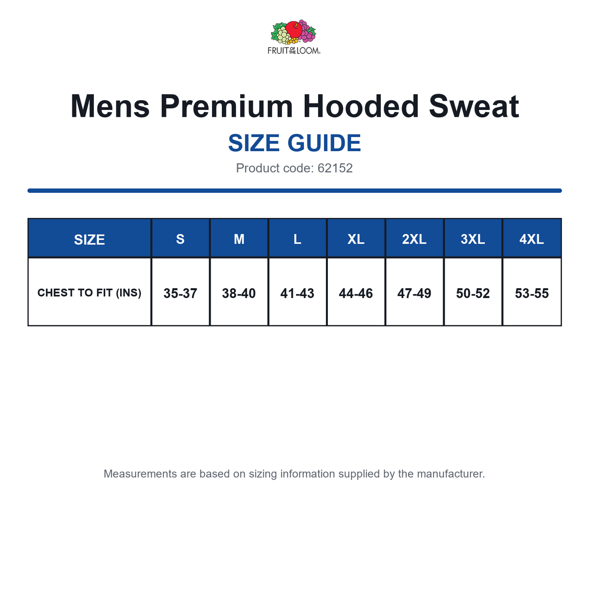 62152 FOTL Mens Premium Hooded Sweat size guide (62152)