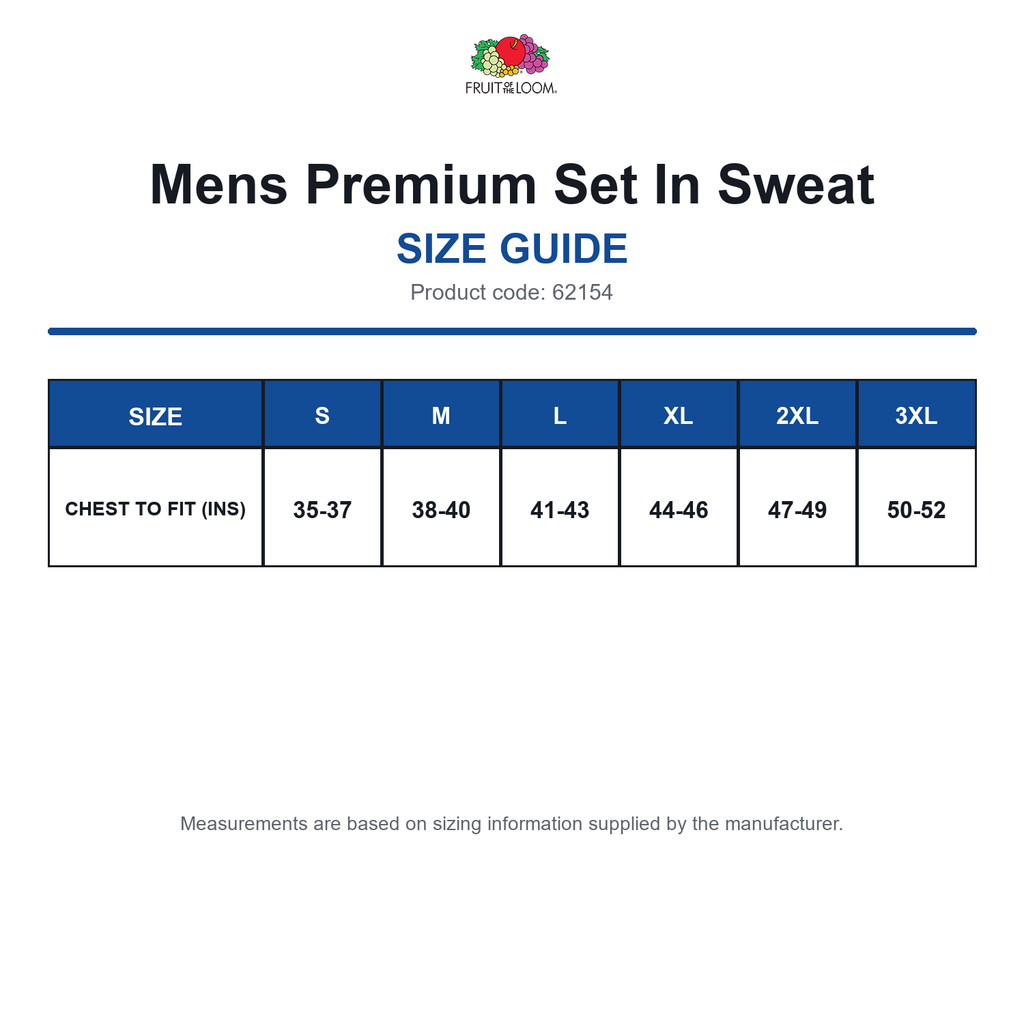 62154 FOTL Mens Premium Set In Sweat size guide (62154)