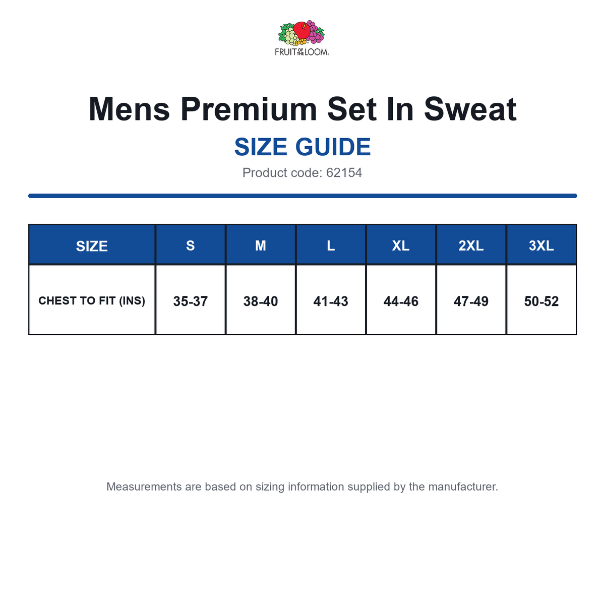 62154 FOTL Mens Premium Set In Sweat size guide (62154)