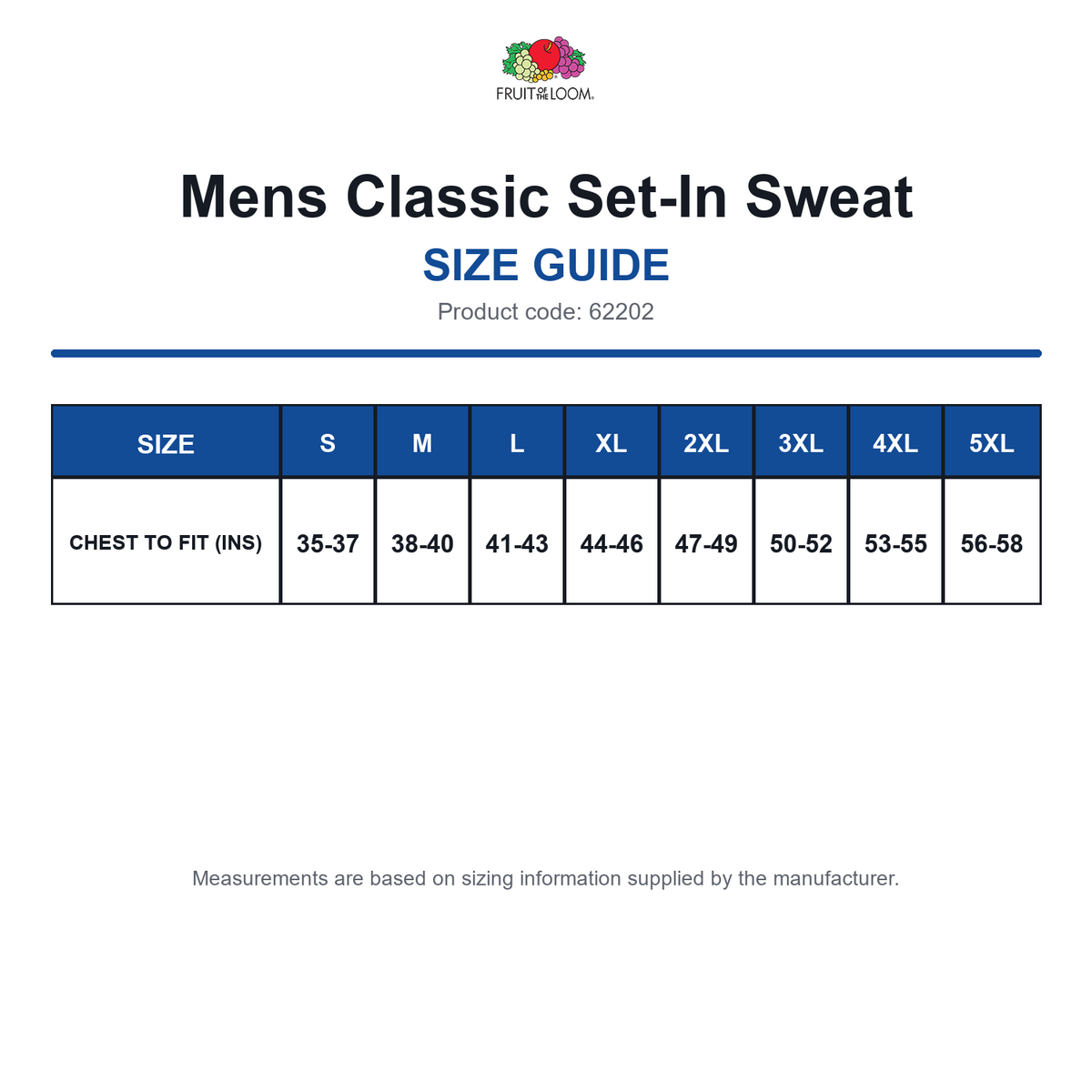 62202 FOTL Mens Classic Set-In Sweat size guide (62202)