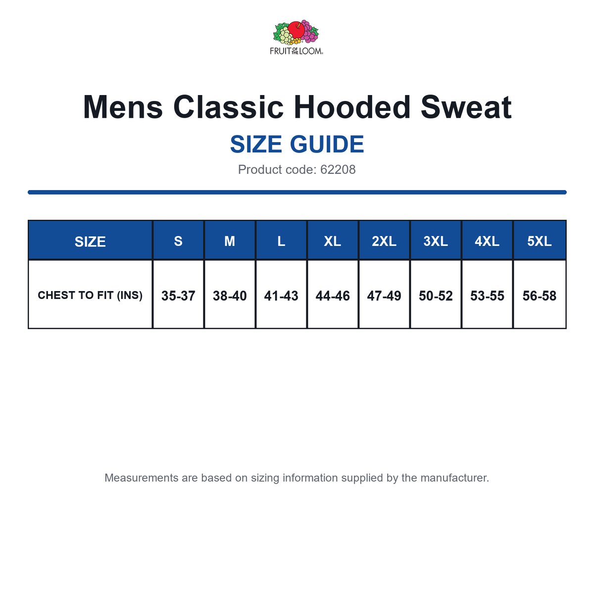 62208 FOTL Mens Classic Hooded Sweat size guide (62208)