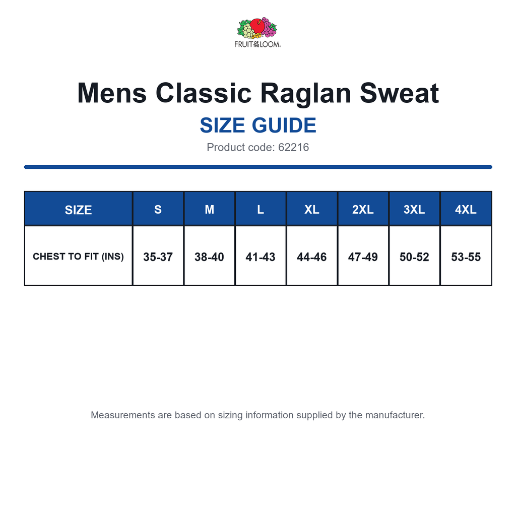 62216 FOTL Mens Classic Raglan Sweat size guide (62216)