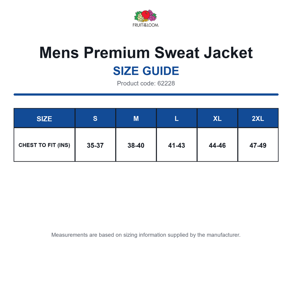 62228 FOTL Mens Premium Sweat Jacket size guide (62228)