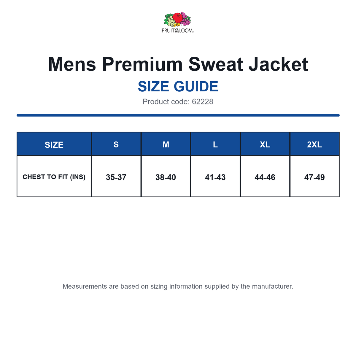 62228 FOTL Mens Premium Sweat Jacket size guide (62228)