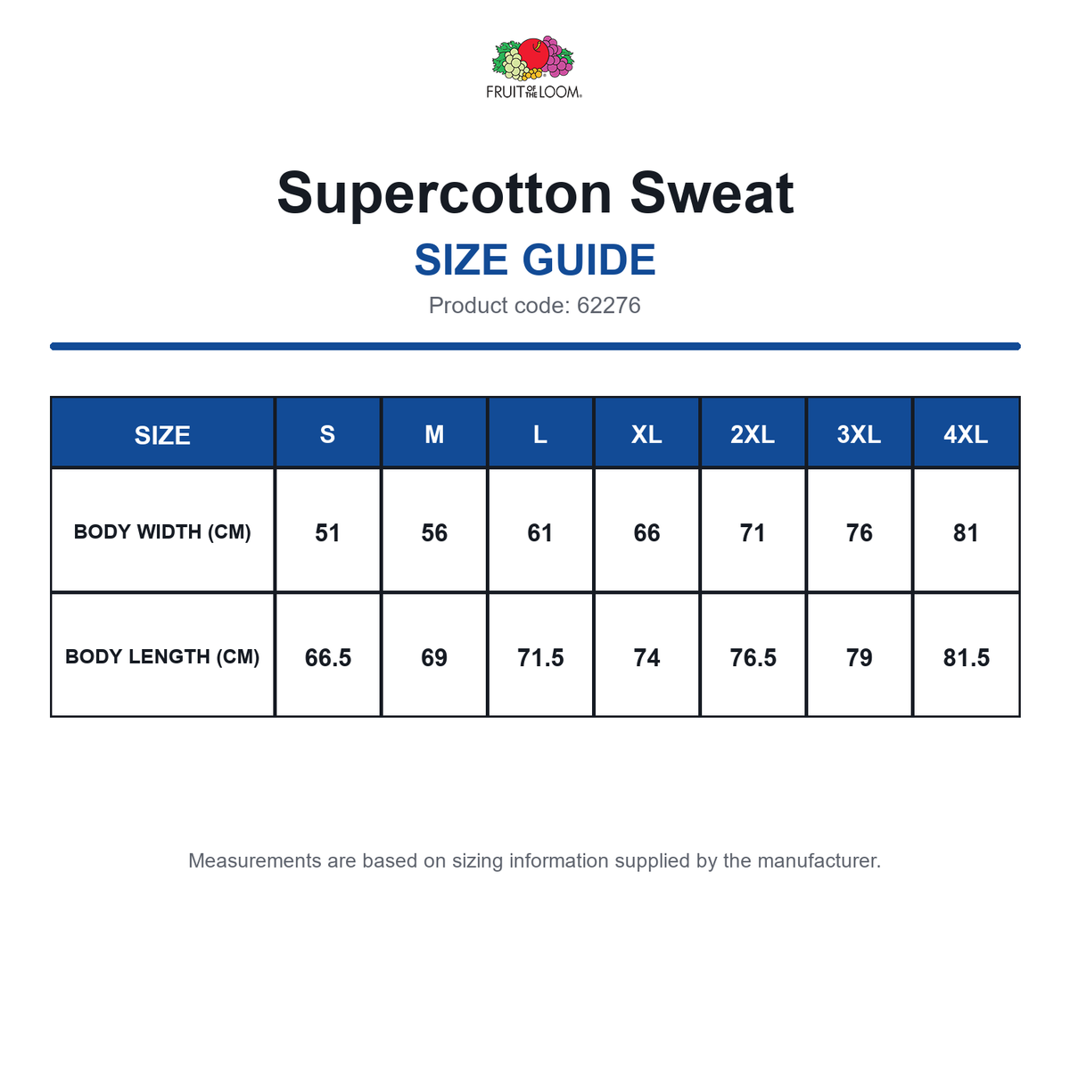 62276 FOTL Supercotton Sweat size guide (62276)