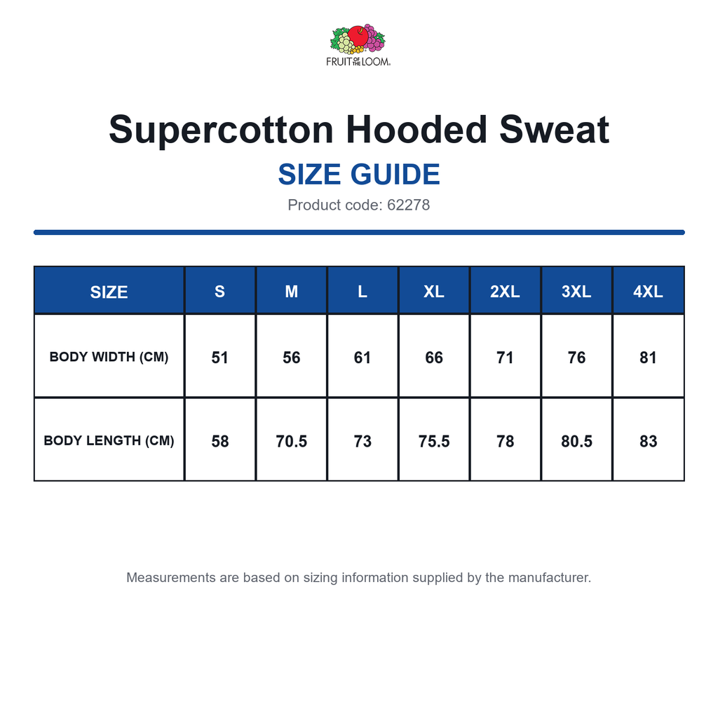 62278 FOTL Supercotton Hooded Sweat size guide (62278)