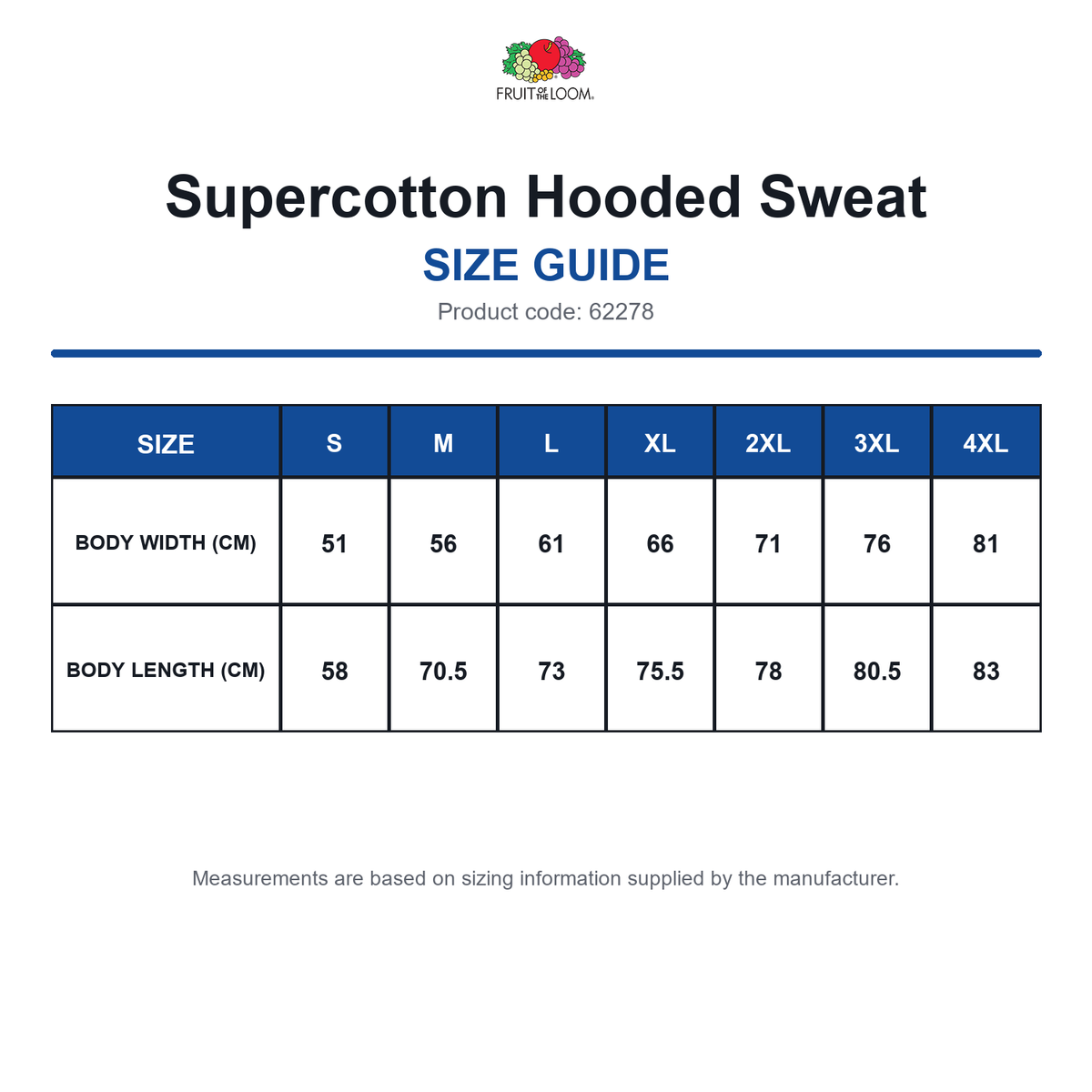 62278 FOTL Supercotton Hooded Sweat size guide (62278)
