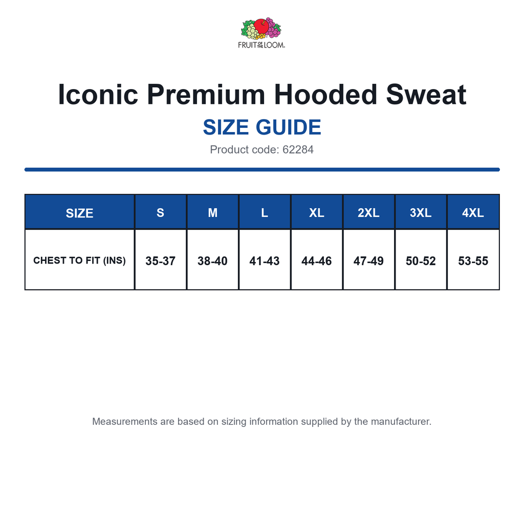 62284 FOTL Iconic Premium Hooded Sweat size guide (62284)