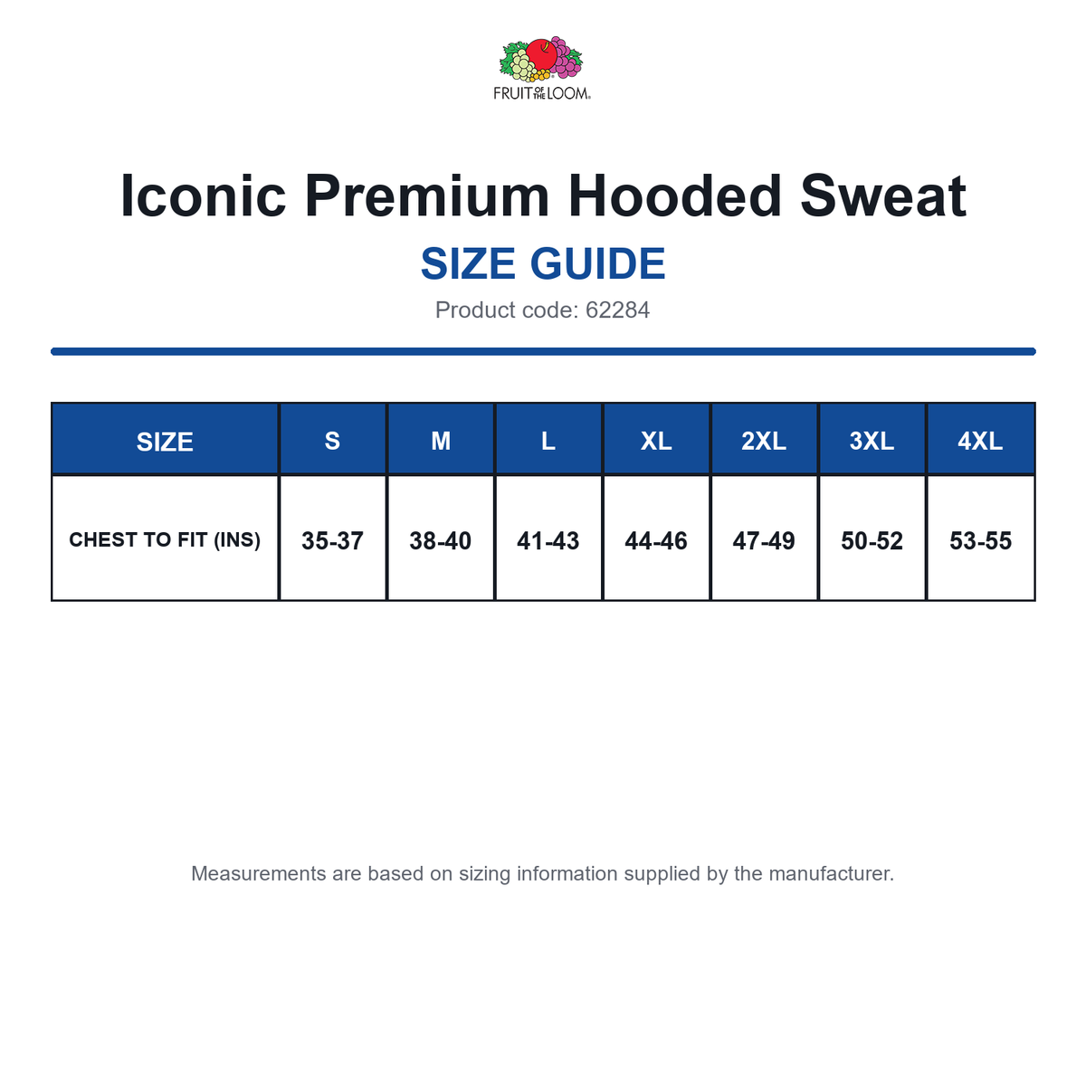 62284 FOTL Iconic Premium Hooded Sweat size guide (62284)