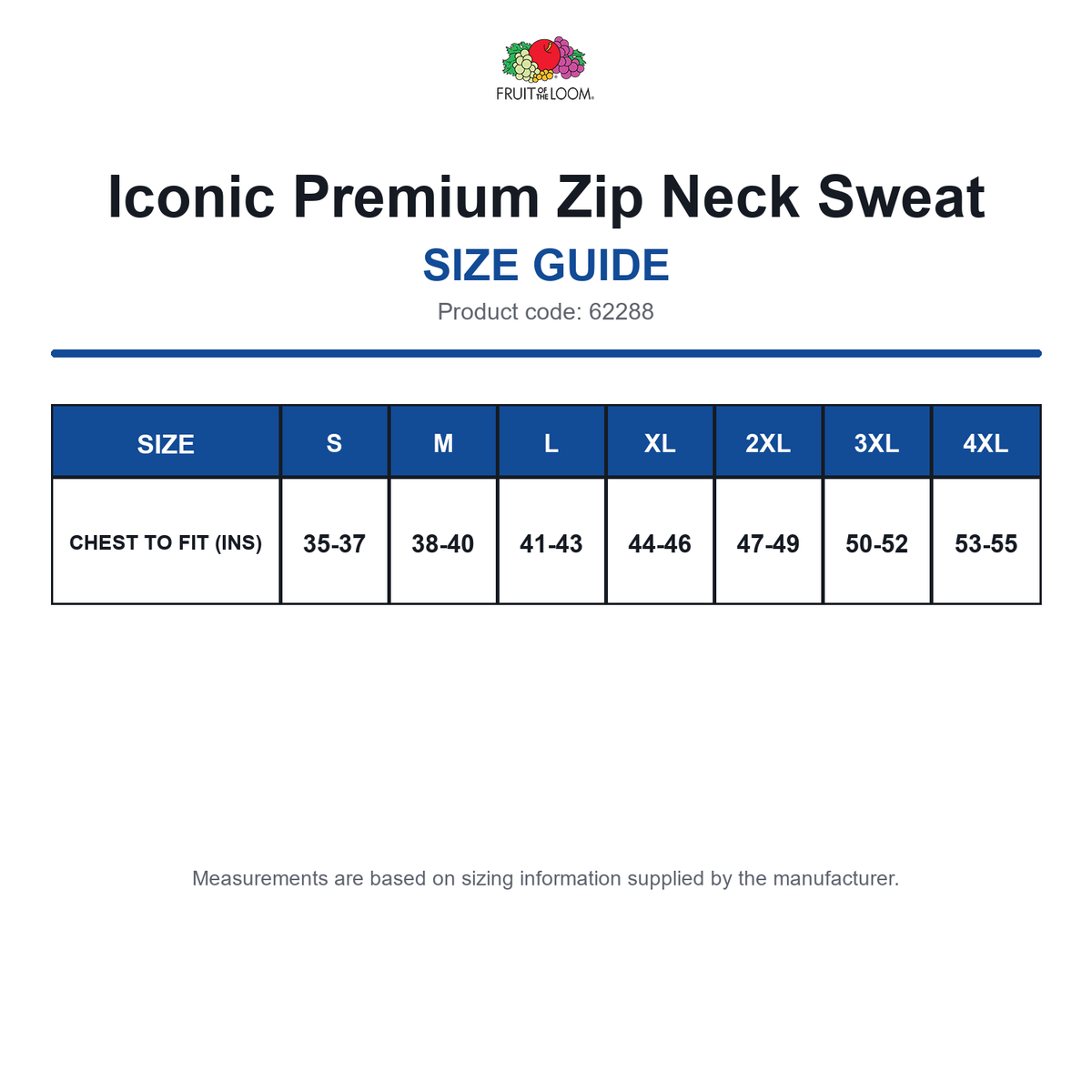 62288 FOTL Iconic Premium Zip Neck Sweat size guide (62288)
