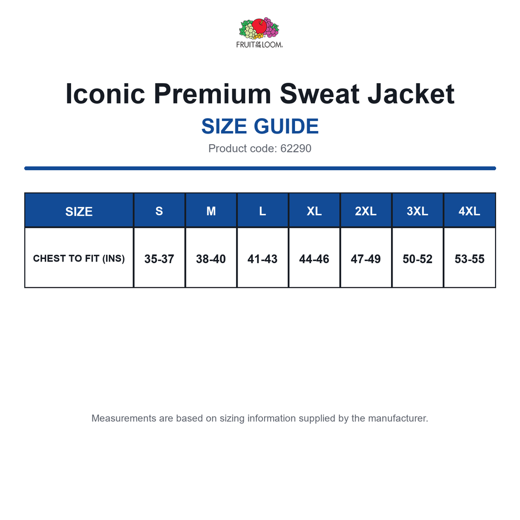 62290 FOTL Iconic Premium Sweat Jacket size guide (62290)