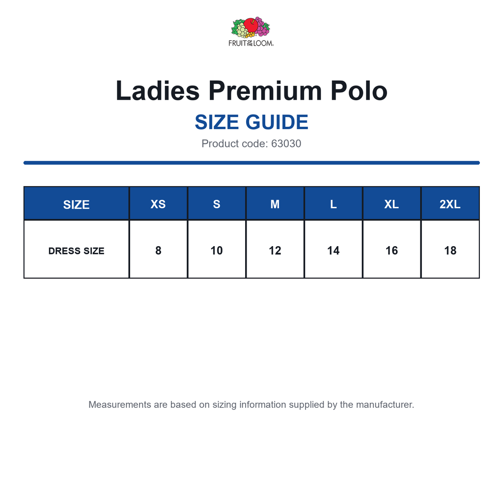 63030 FOTL Ladies Premium Polo size guide (63030)