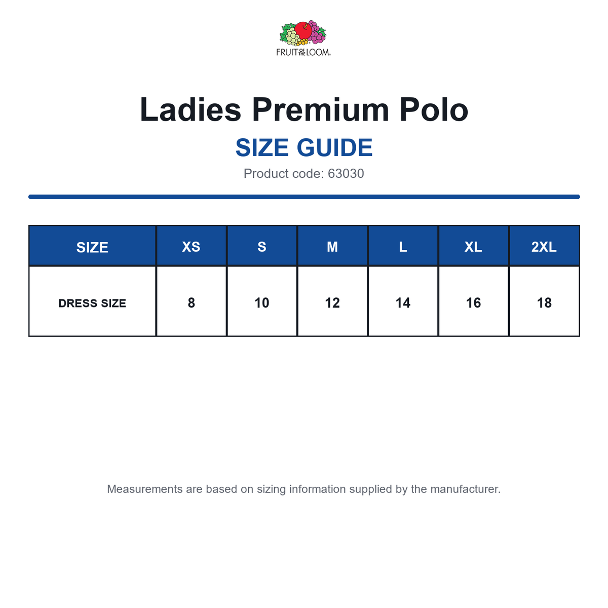 63030 FOTL Ladies Premium Polo size guide (63030)