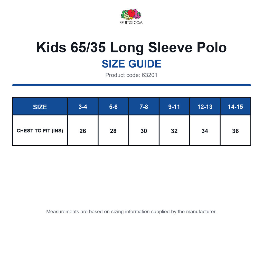 63201 FOTL Kids 65/35 Long Sleeve Polo size guide (63201)