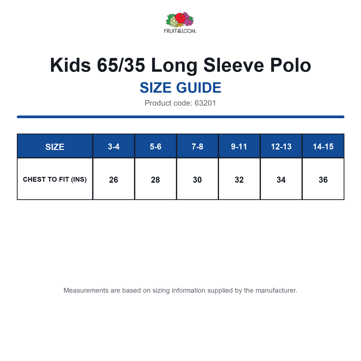 63201 FOTL Kids 65/35 Long Sleeve Polo size guide (63201)