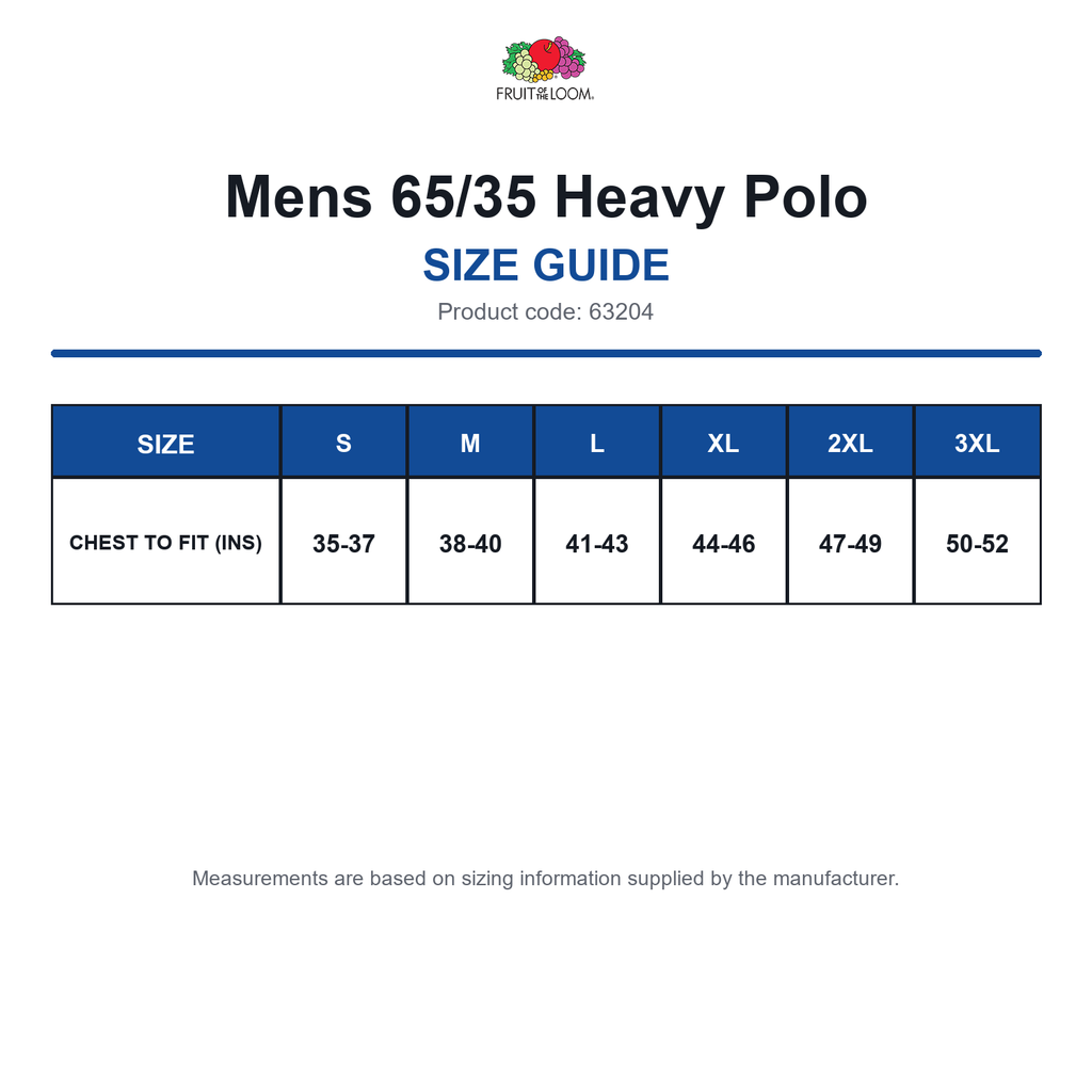 63204 FOTL Mens 65/35 Heavy Polo size guide (63204)