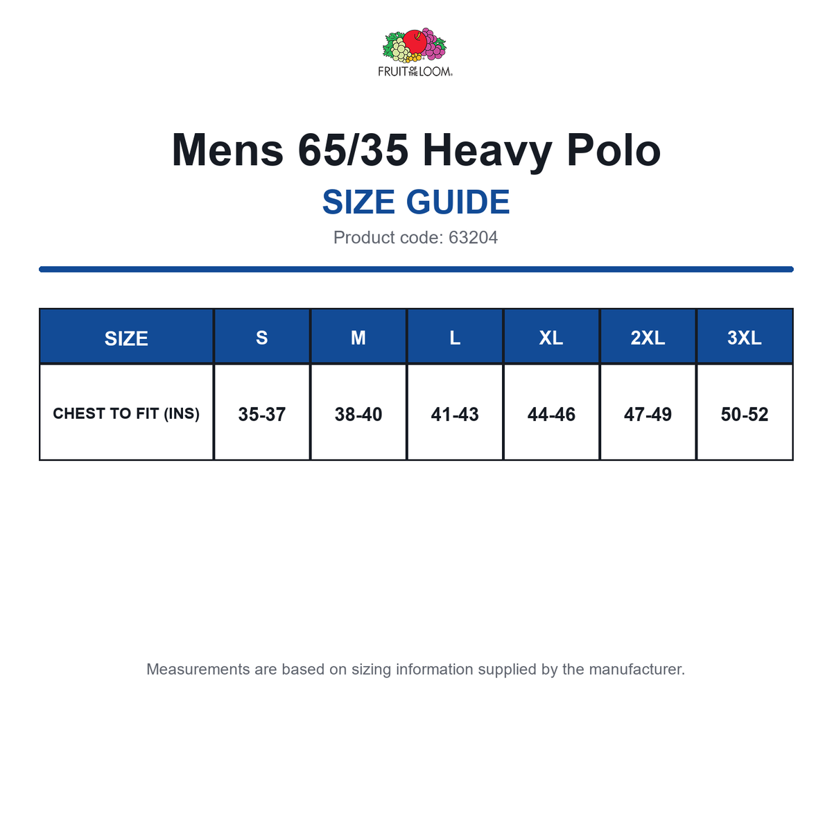 63204 FOTL Mens 65/35 Heavy Polo size guide (63204)