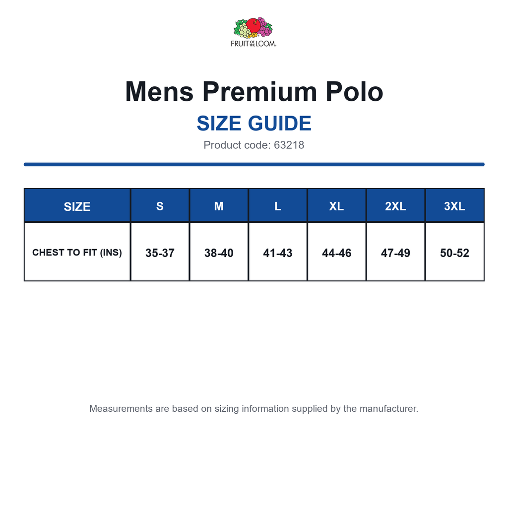 63218 FOTL Mens Premium Polo size guide (63218)