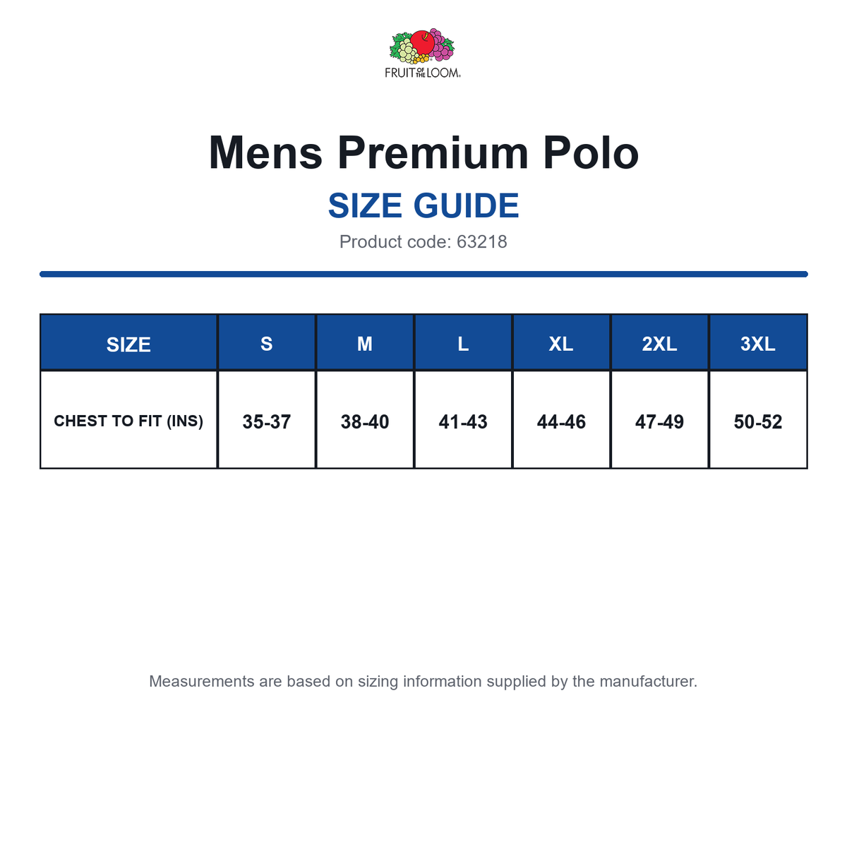 63218 FOTL Mens Premium Polo size guide (63218)