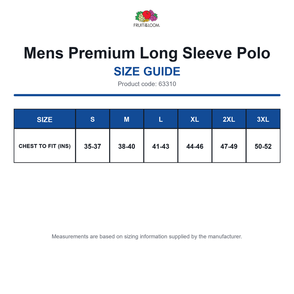 63310 FOTL Mens Premium Long Sleeve Polo size guide (63310)