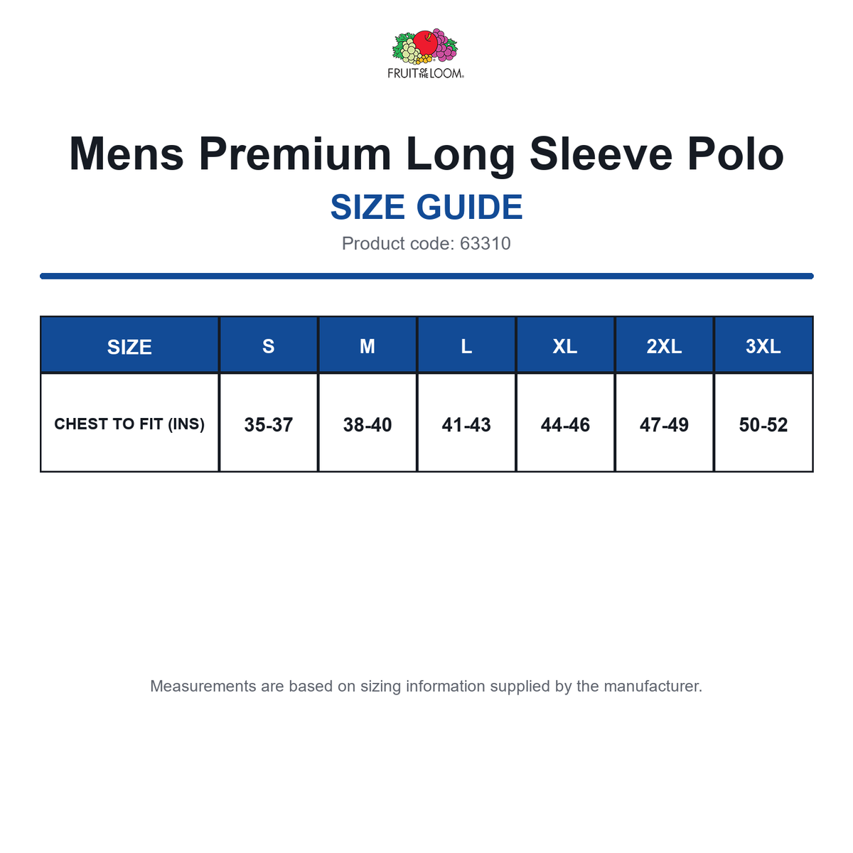 63310 FOTL Mens Premium Long Sleeve Polo size guide (63310)