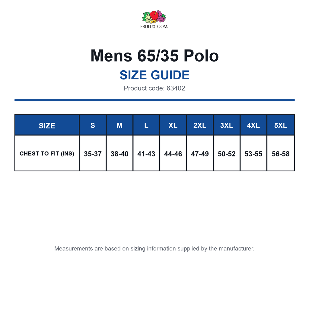 63402 FOTL Mens 65/35 Polo size guide (63402)