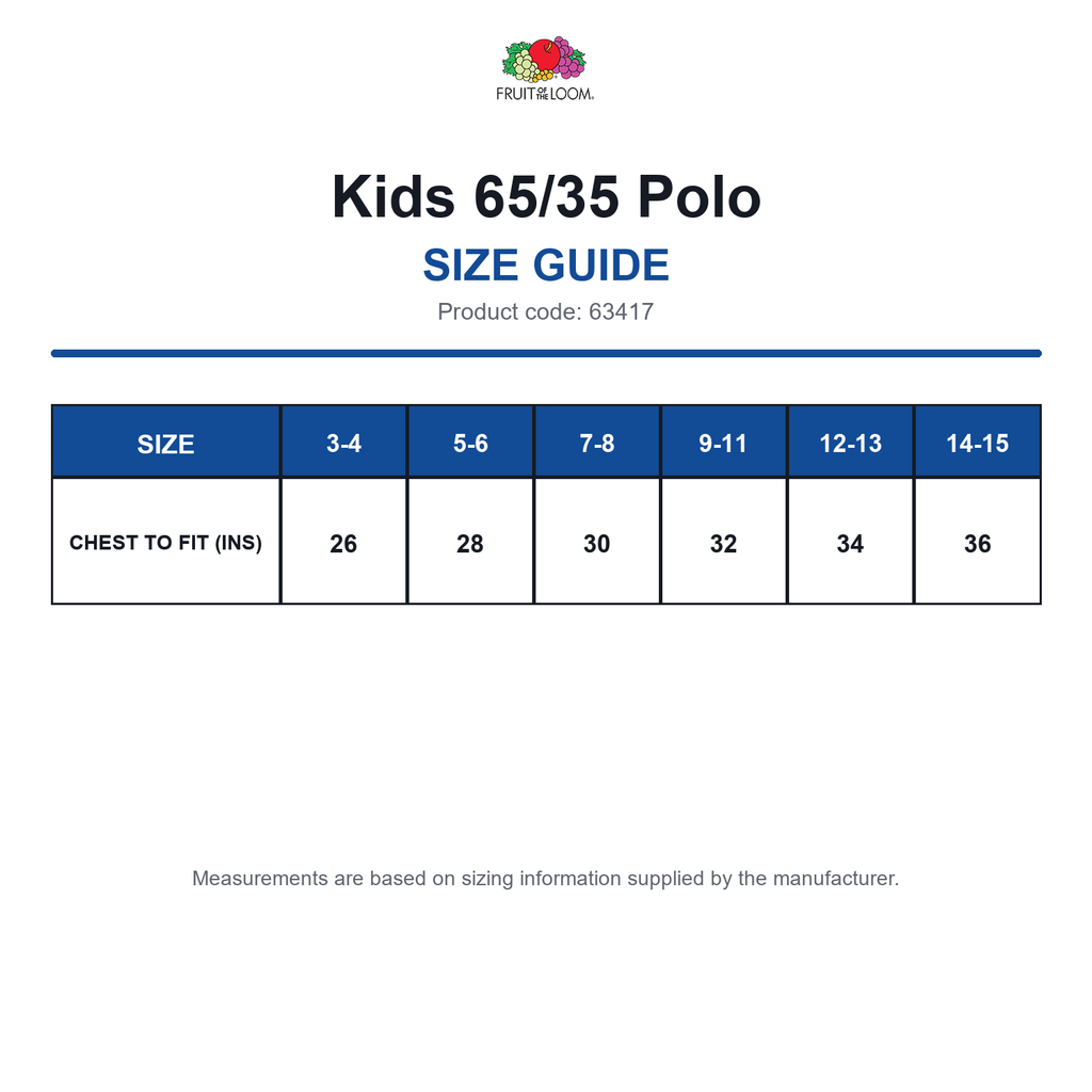 63417 FOTL Kids 65/35 Polo size guide (63417)