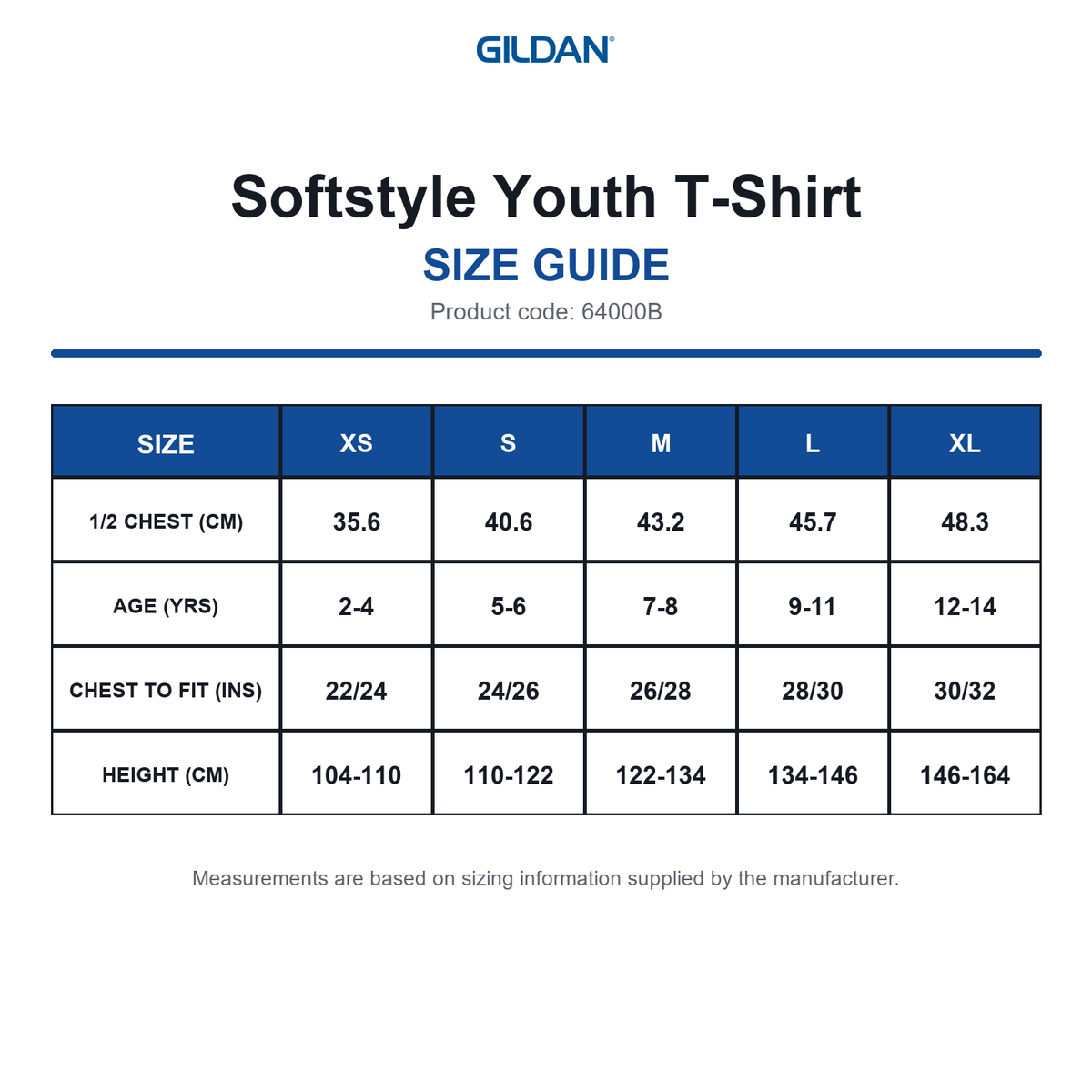 64000B Gildan Softstyle Youth T-Shirt size guide (64000B)