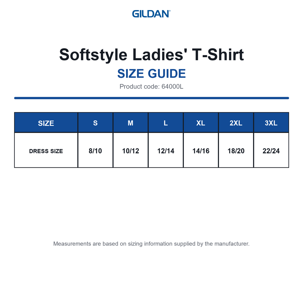 64000L Gildan Softstyle Ladies' T-Shirt size guide (64000L)