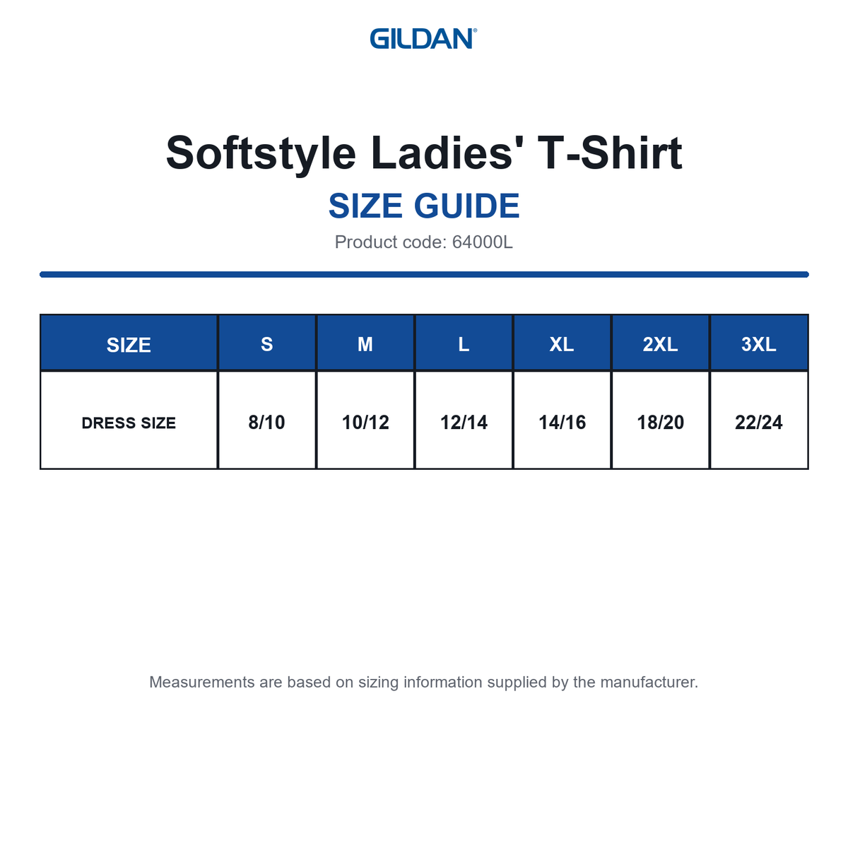 64000L Gildan Softstyle Ladies' T-Shirt size guide (64000L)