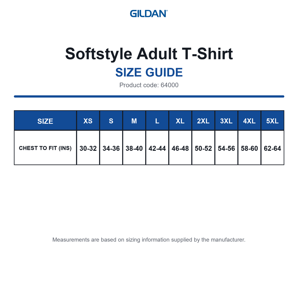 64000 Gildan Softstyle Adult T-Shirt size guide (64000)