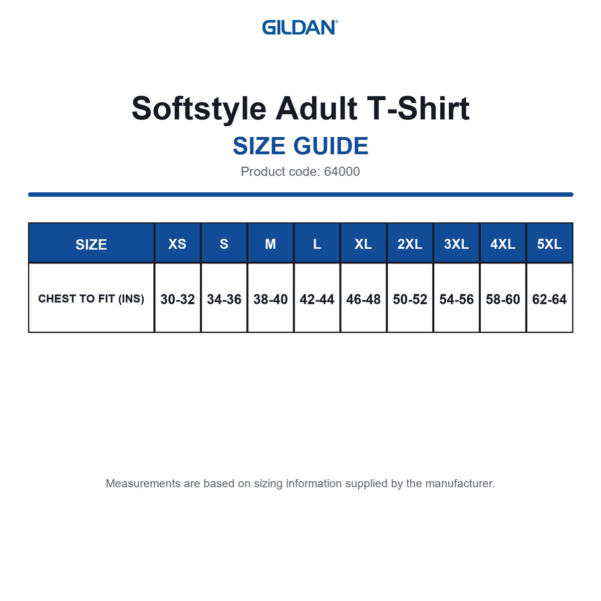 64000 Gildan Softstyle Adult T-Shirt size guide (64000)