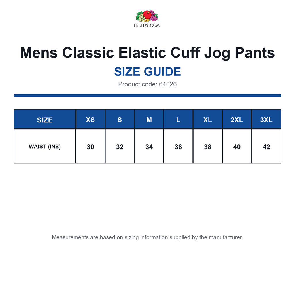 64026 FOTL Mens Classic Elastic Cuff Jog Pants size guide (64026)