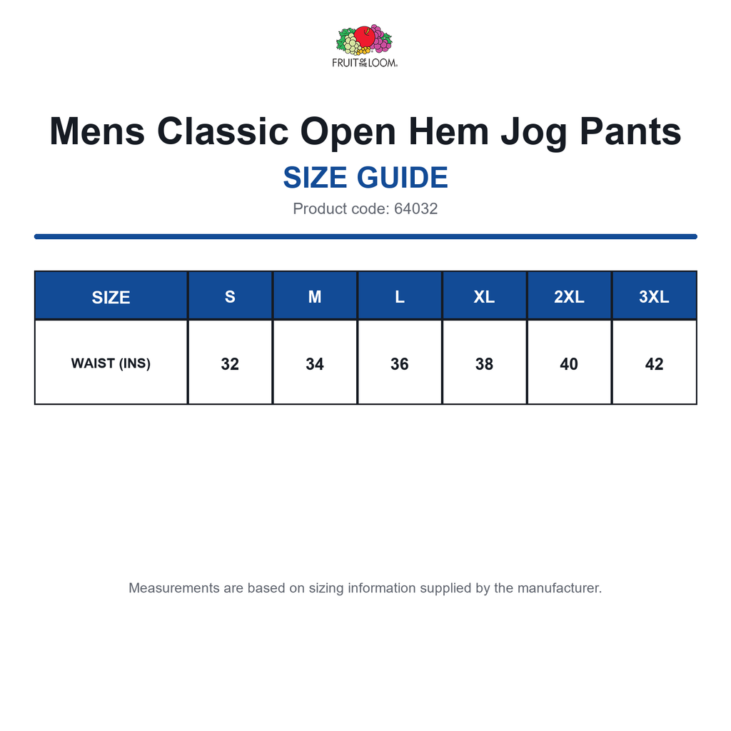 64032 FOTL Mens Classic Open Hem Jog Pants size guide (64032)