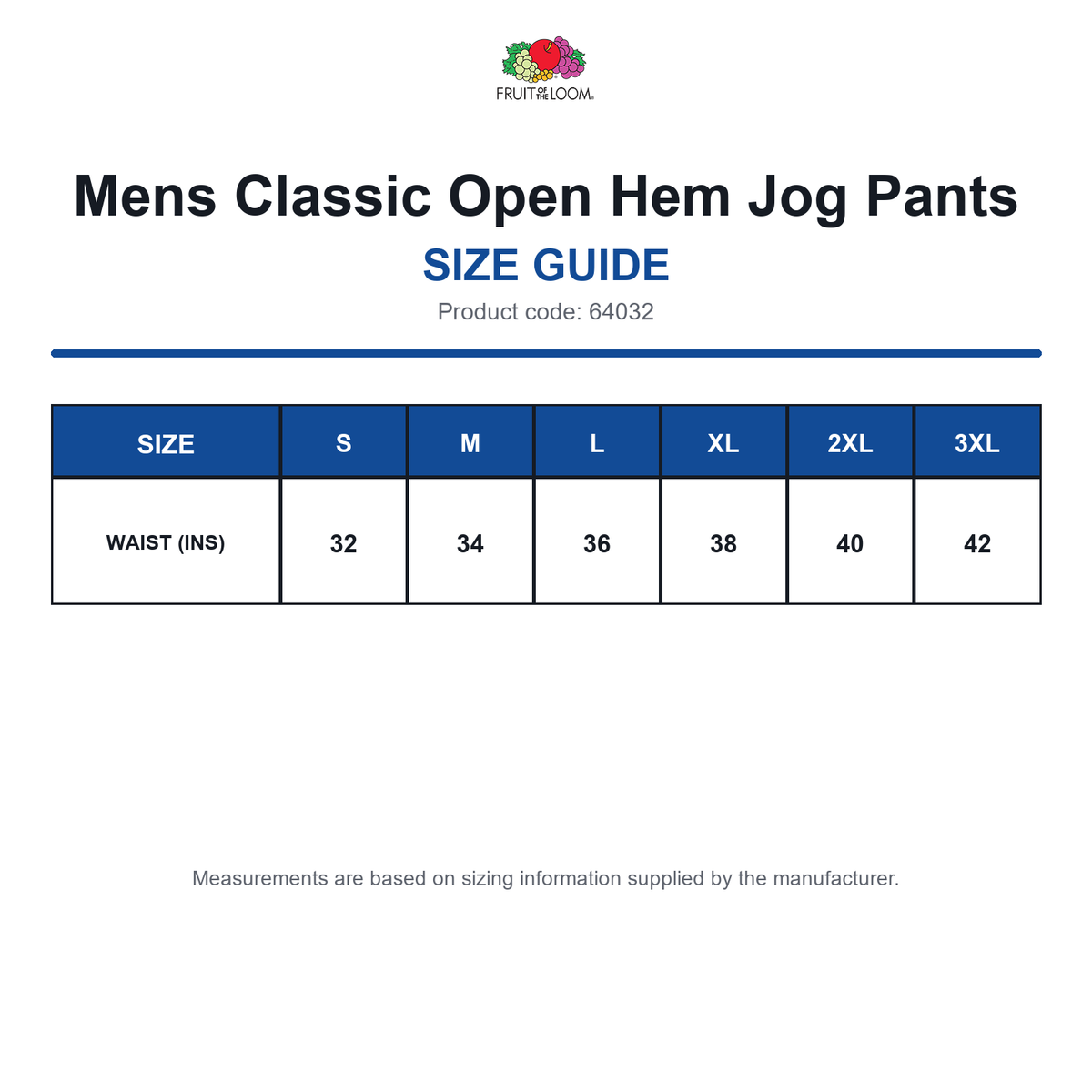 64032 FOTL Mens Classic Open Hem Jog Pants size guide (64032)