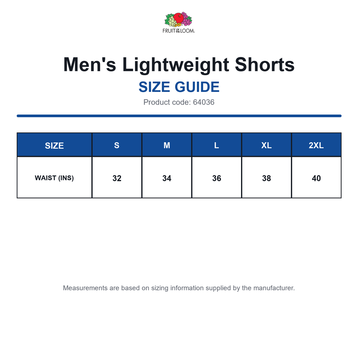 64036 FOTL Men's Lightweight Shorts size guide (64036)