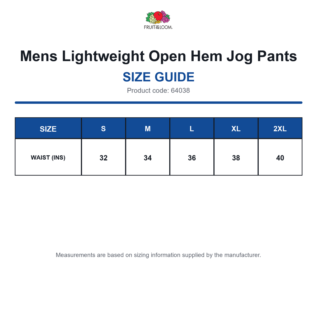 64038 FOTL Mens Lightweight Open Hem Jog Pants size guide (64038)
