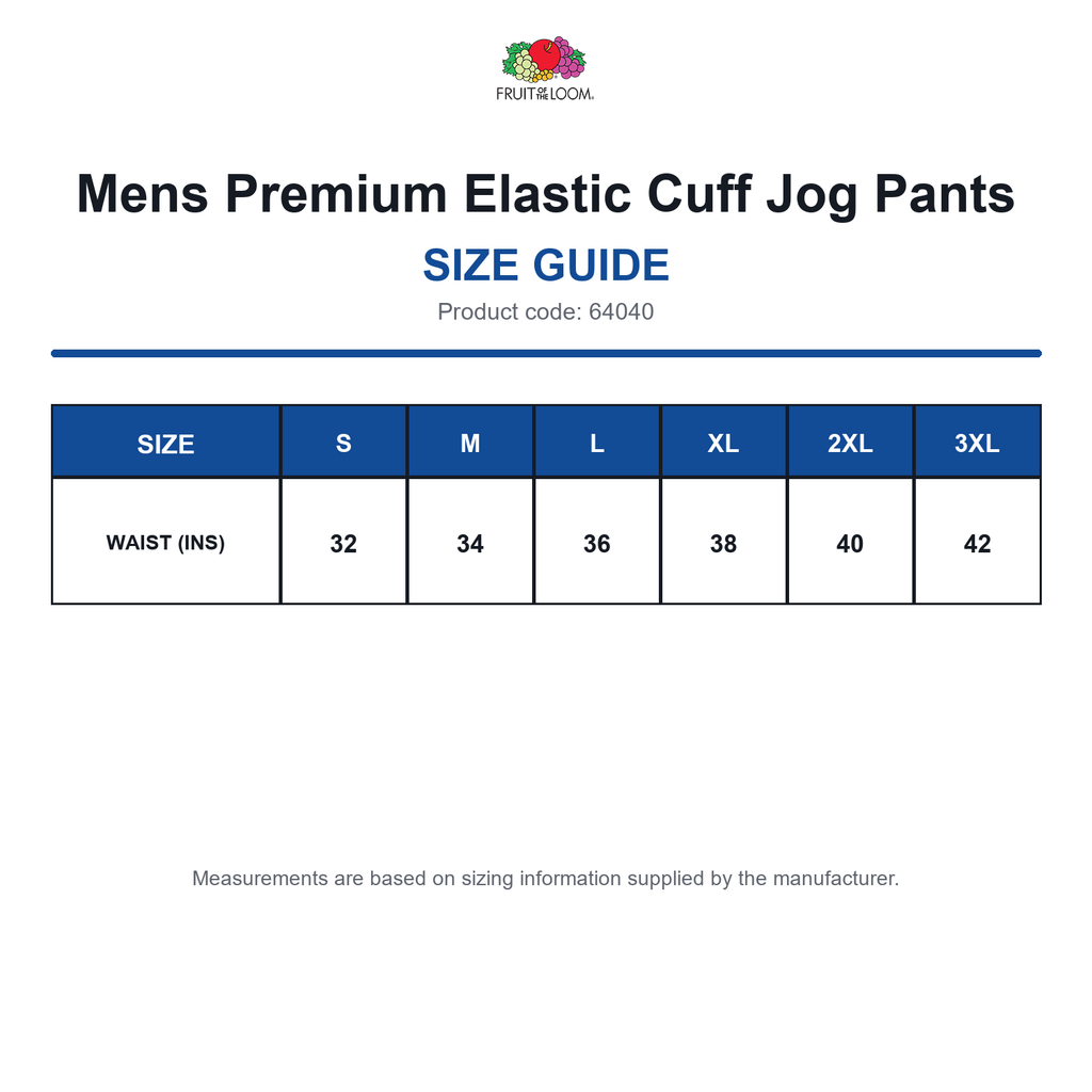 64040 FOTL Mens Premium Elastic Cuff Jog Pants size guide (64040)