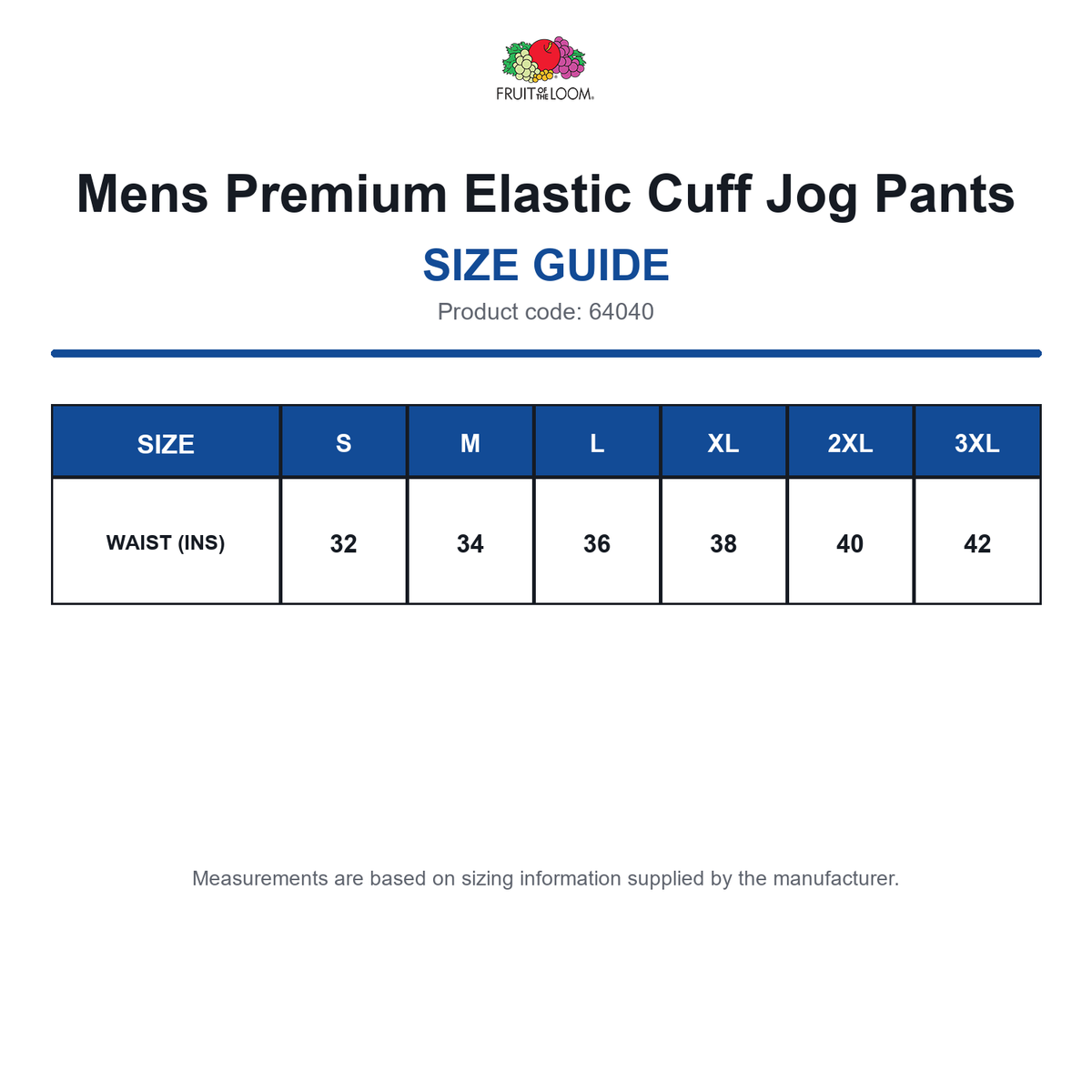 64040 FOTL Mens Premium Elastic Cuff Jog Pants size guide (64040)