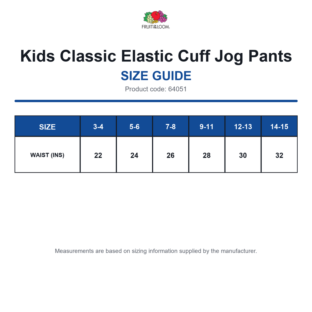 64051 FOTL Kids Classic Elastic Cuff Jog Pants size guide (64051)