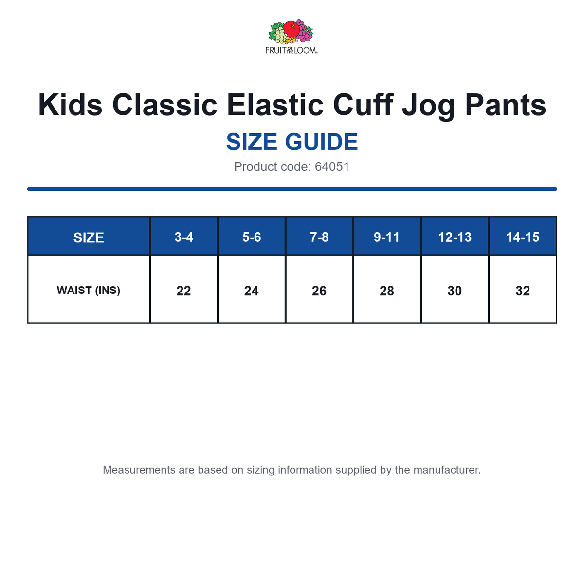 64051 FOTL Kids Classic Elastic Cuff Jog Pants size guide (64051)
