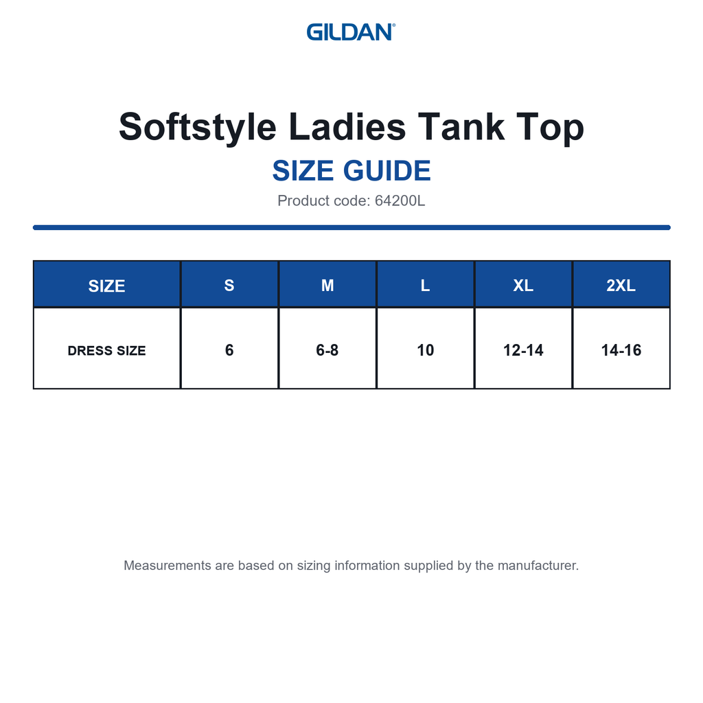 64200L Gildan Softstyle Ladies Tank Top size guide (64200L)