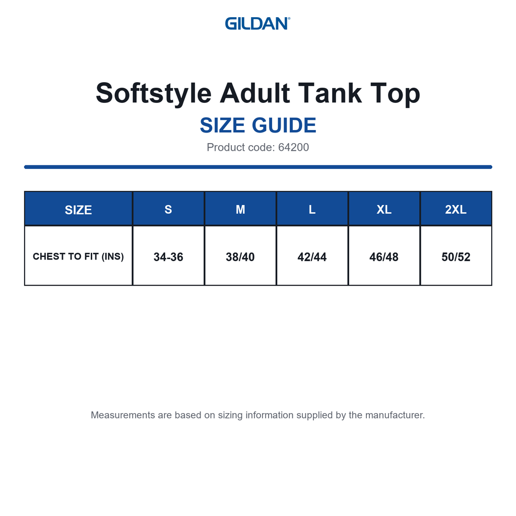 64200 GIldan Softstyle Adult Tank Top size guide (64200)