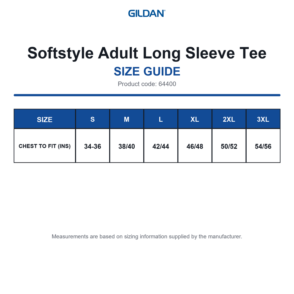 64400 Gildan Softstyle Adult Long Sleeve Tee size guide (64400)