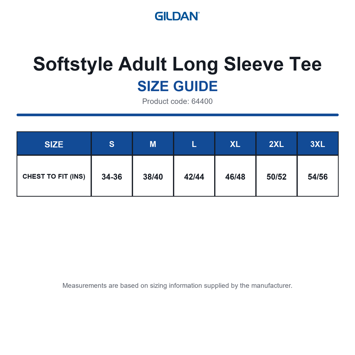 64400 Gildan Softstyle Adult Long Sleeve Tee size guide (64400)
