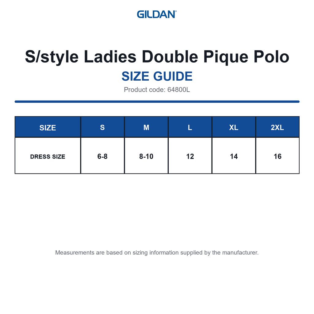 64800L Gildan S/style Ladies Double Pique Polo size guide (64800L)